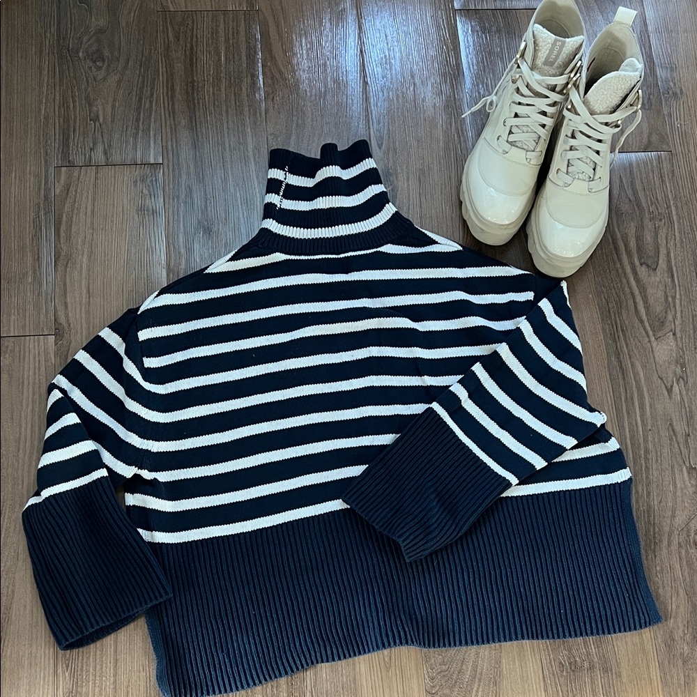 GAP Oversized Navy and White Striped Cotton Turtle Neck Sweater